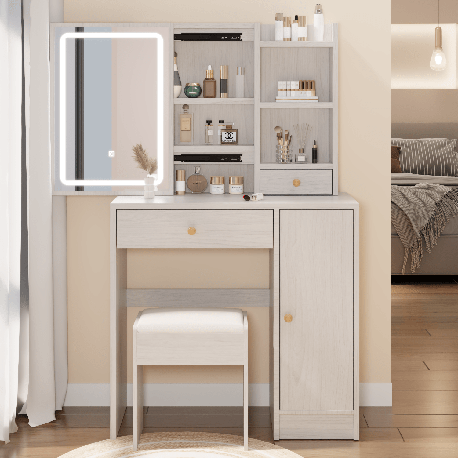 🆓🚛 Right Cabinet Desktop Vanity Table + Cushioned Stool, Extra Large Sliding Led Mirror, Touch Control, 3 Color, Brightness Adjustable, Large Desktop, Right Cabinet, High Capacity Multi-Layer Storage