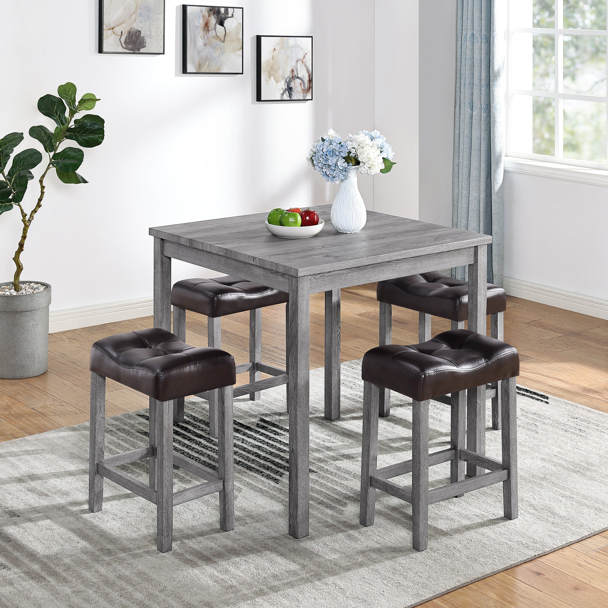 🆓🚛 Bar Table & Chairs Set, 5 Piece Dining Table Set, Industrial Breakfast Table Set, Brown & Gray