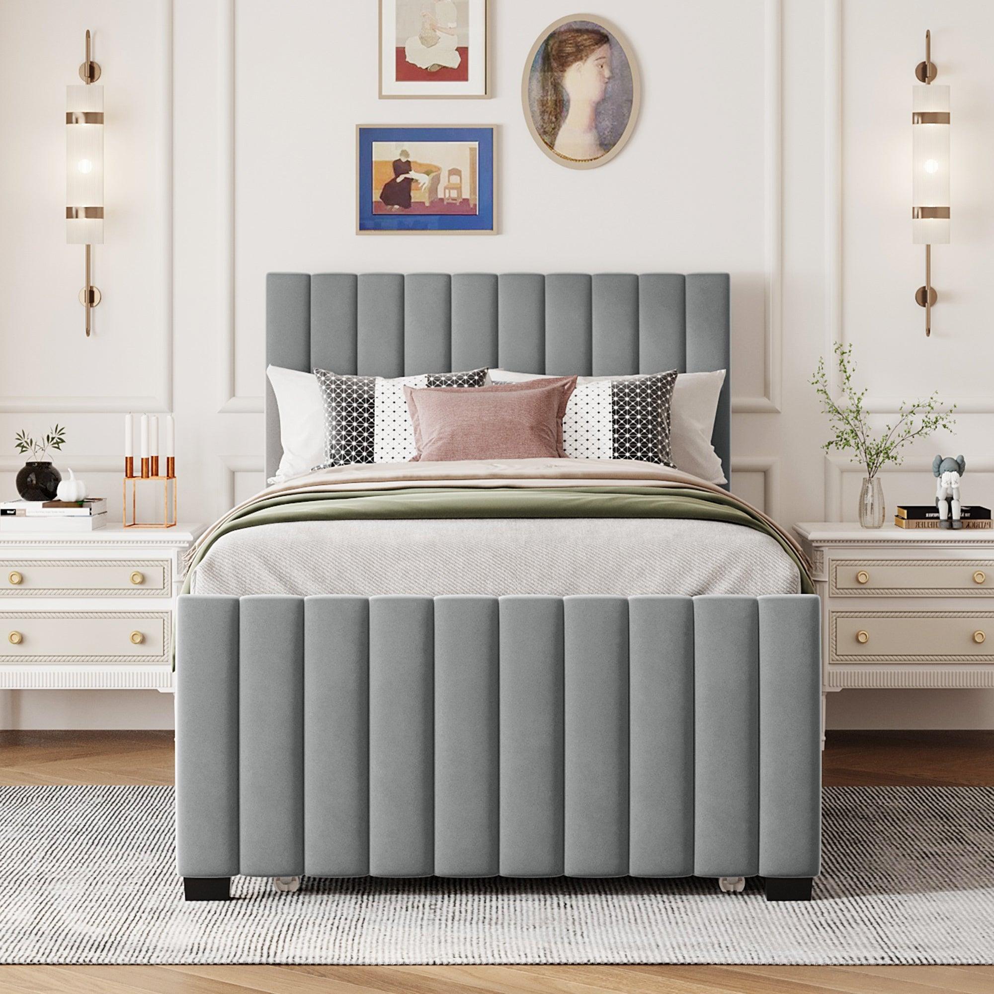 🆓🚛 Twin Size Velvet Upholstered Platform Bed With Twin Size Trundle, Gray