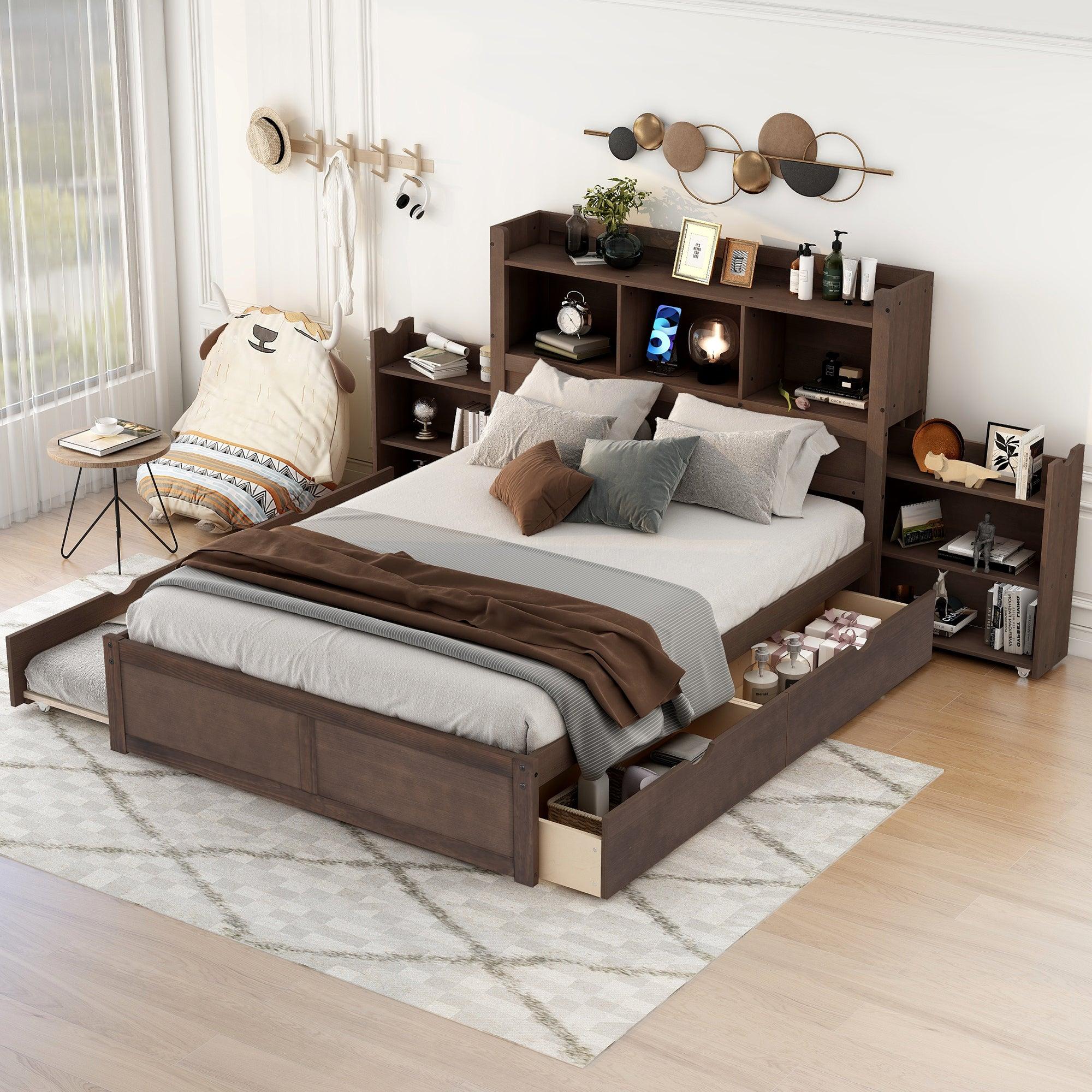 Full Size Storage Platform Bed with Pull Out Shelves, Twin Size Trundle and 2 Drawers, Espresso