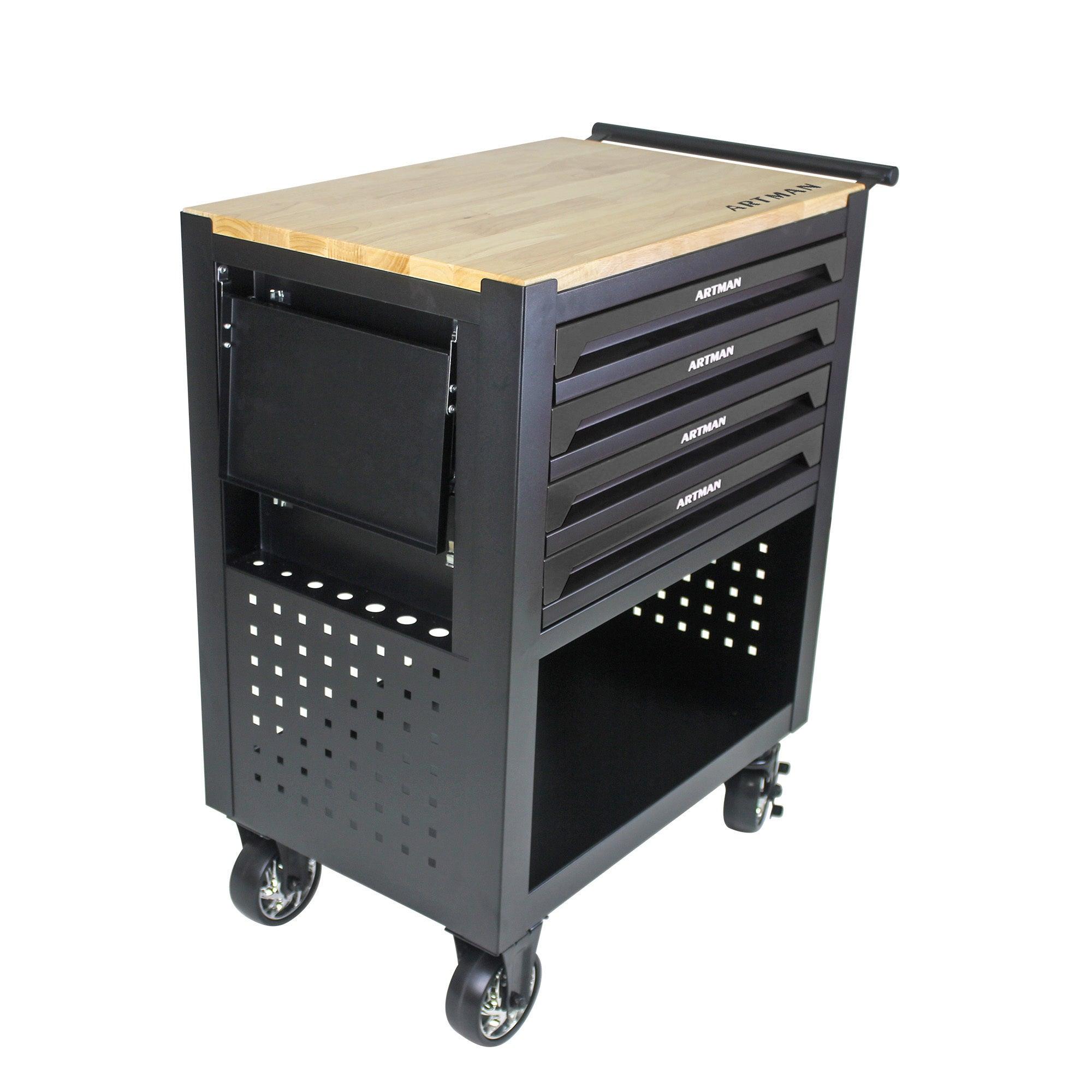 4 DRAWERS MULTIFUNCTIONAL TOOL CART WITH WHEELS AND WOODEN TOP-BLACK LamCham