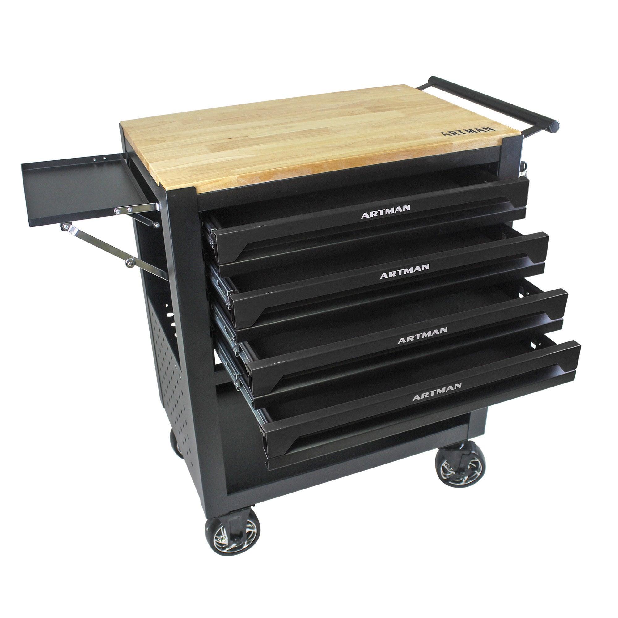 4 DRAWERS MULTIFUNCTIONAL TOOL CART WITH WHEELS AND WOODEN TOP-BLACK LamCham