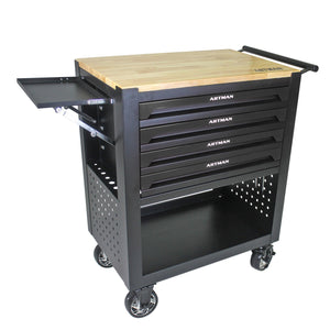 4 DRAWERS MULTIFUNCTIONAL TOOL CART WITH WHEELS AND WOODEN TOP-BLACK LamCham