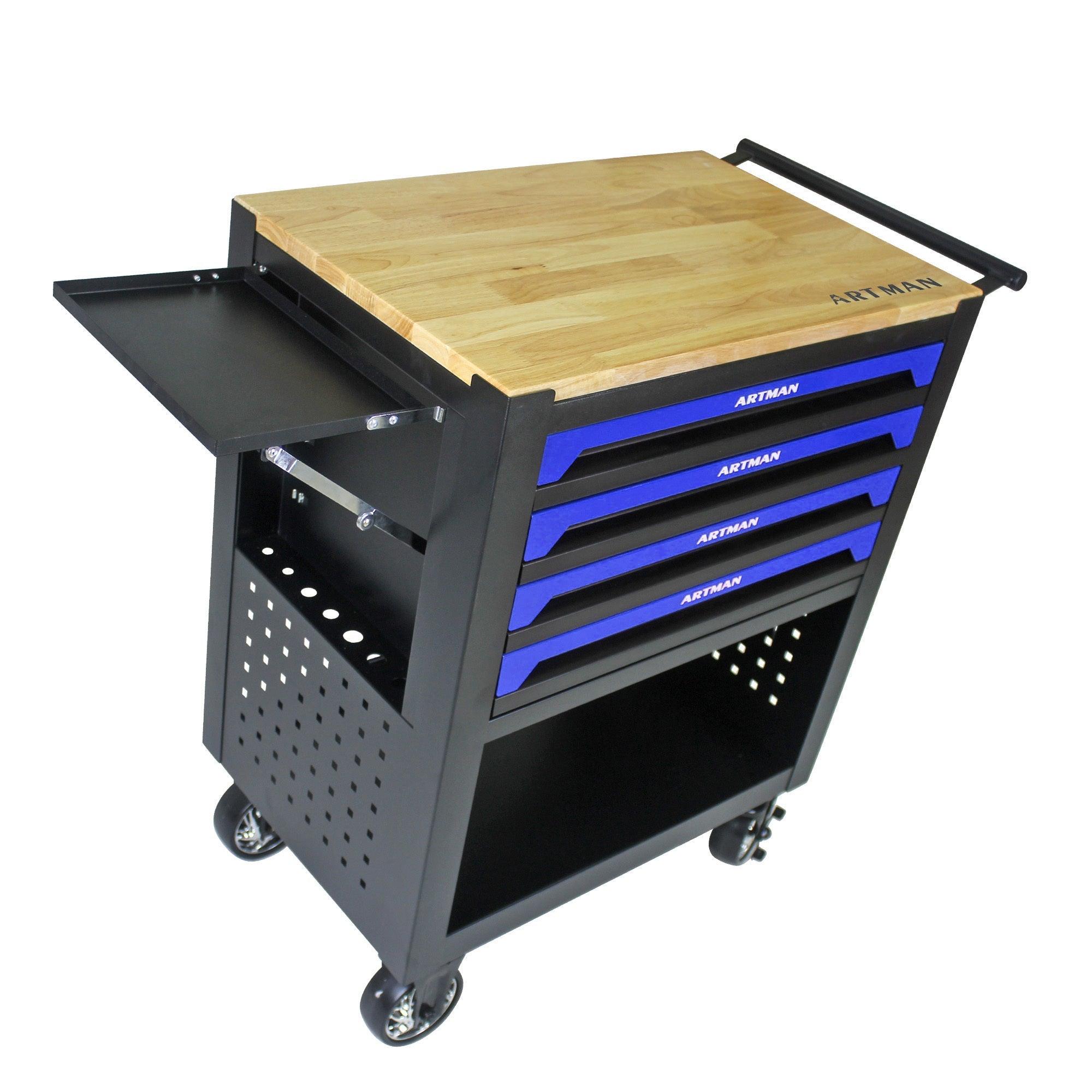 4 DRAWERS MULTIFUNCTIONAL TOOL CART WITH WHEELS AND WOODEN TOP-BLUE LamCham