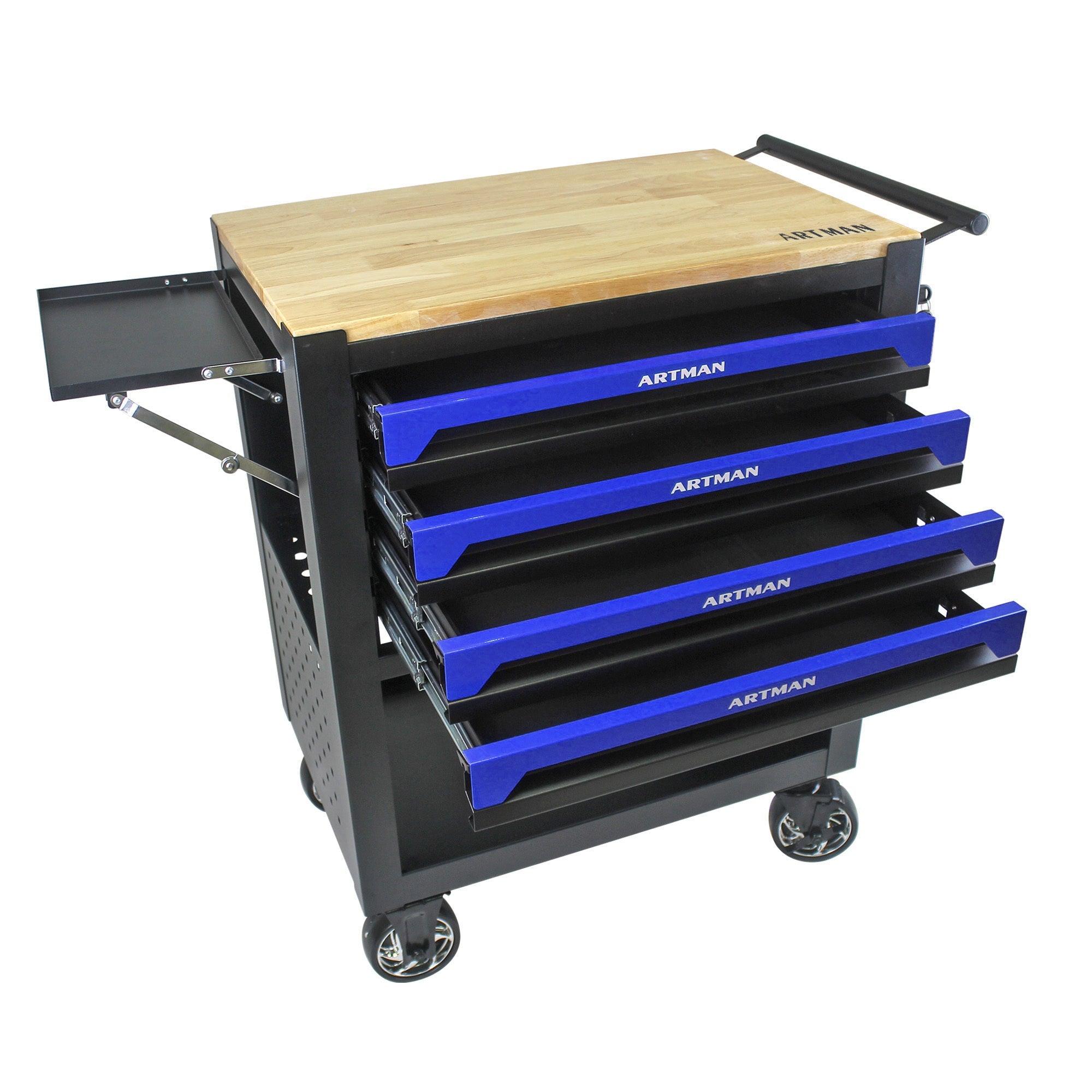 4 DRAWERS MULTIFUNCTIONAL TOOL CART WITH WHEELS AND WOODEN TOP-BLUE LamCham