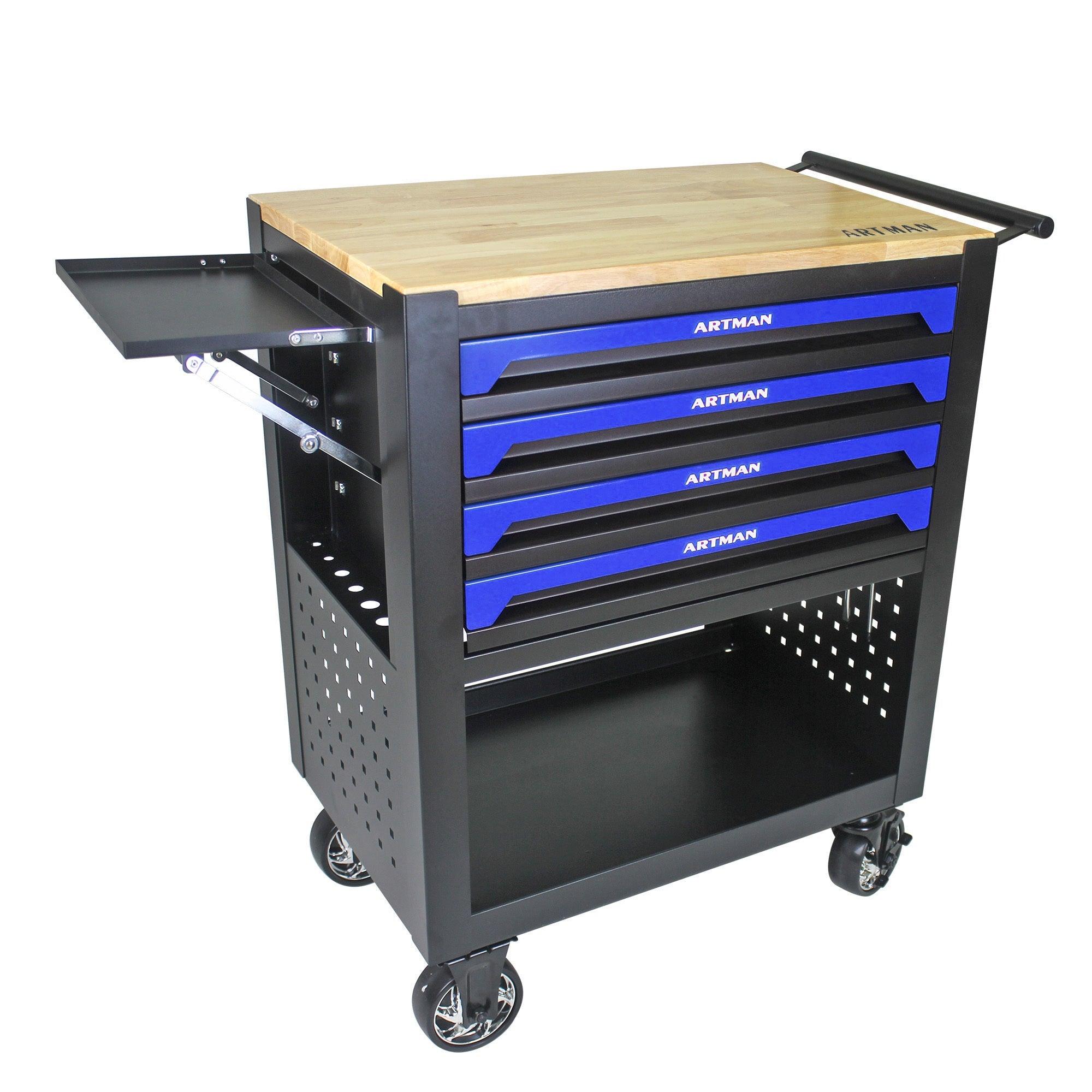 4 DRAWERS MULTIFUNCTIONAL TOOL CART WITH WHEELS AND WOODEN TOP-BLUE LamCham