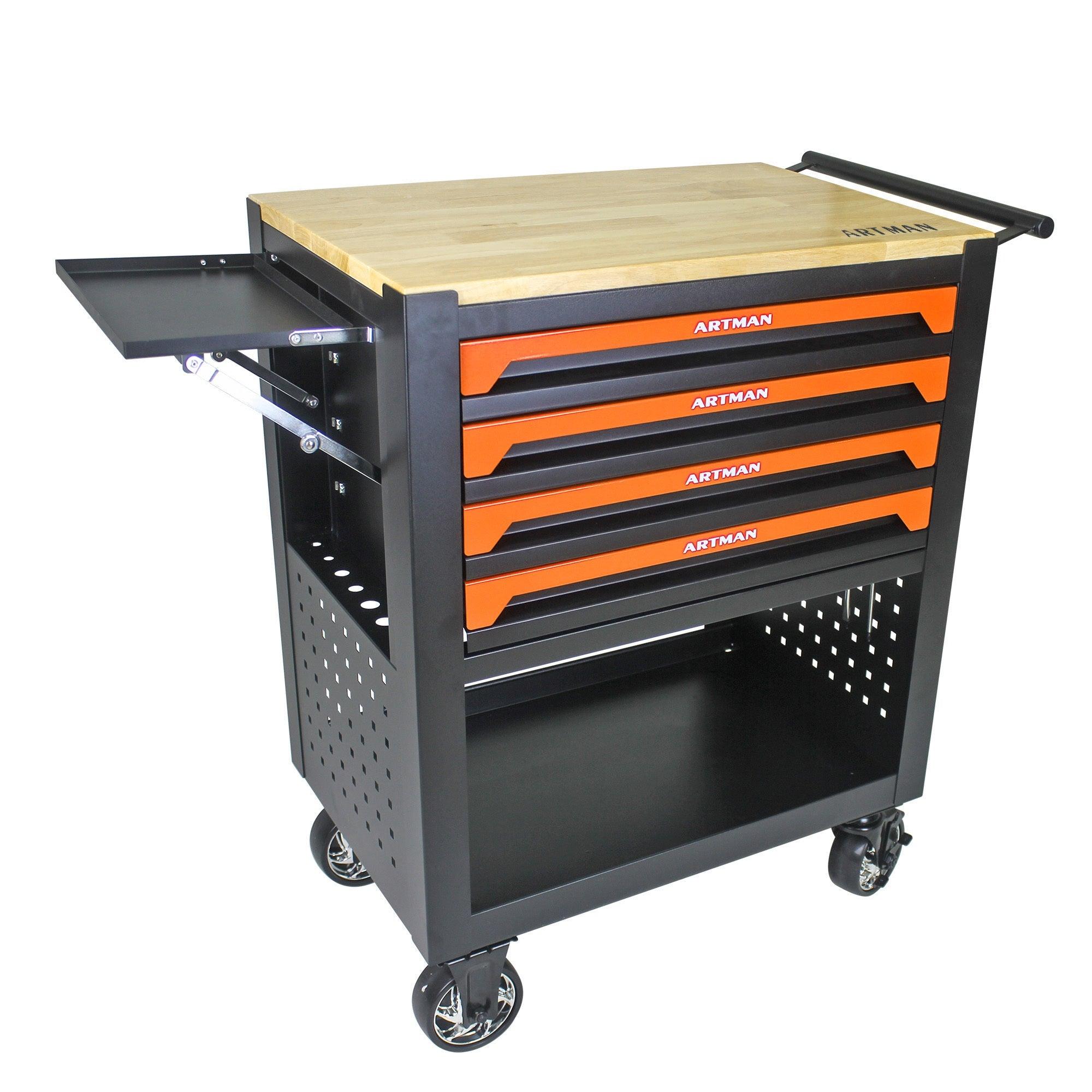 4 DRAWERS MULTIFUNCTIONAL TOOL CART WITH WHEELS AND WOODEN TOP-ORANGE LamCham