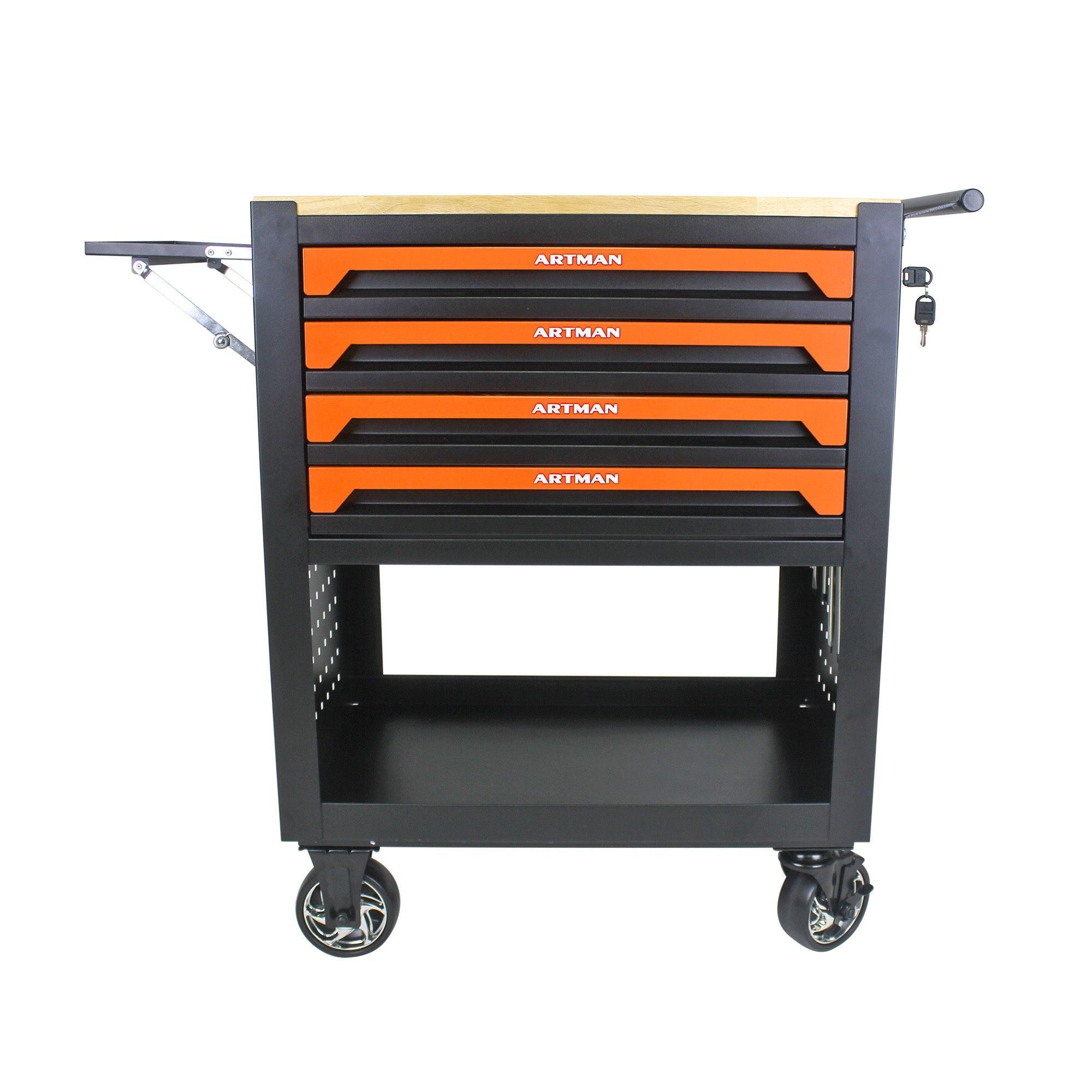 4 DRAWERS MULTIFUNCTIONAL TOOL CART WITH WHEELS AND WOODEN TOP-ORANGE LamCham