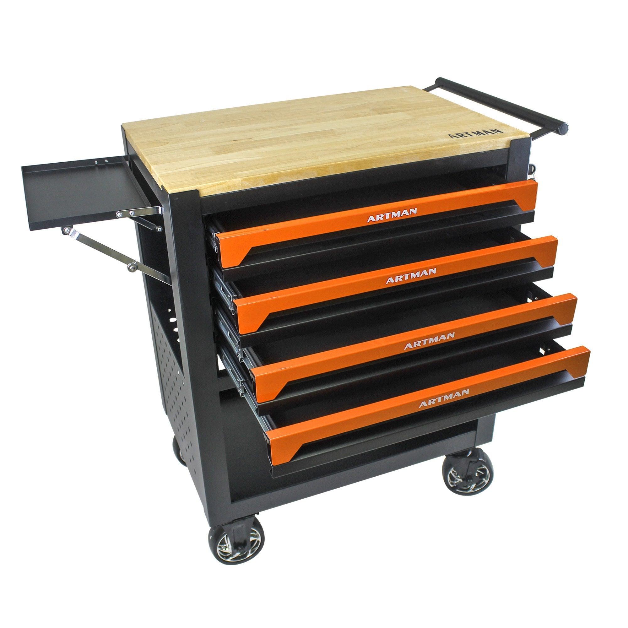 4 DRAWERS MULTIFUNCTIONAL TOOL CART WITH WHEELS AND WOODEN TOP-ORANGE LamCham