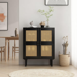 4-Doors Rattan Mesh Storage Cabinet, Shoe Cabinet with Eight Storage Spaces, for Entryway, Living Room, Hallway (Black) LamCham