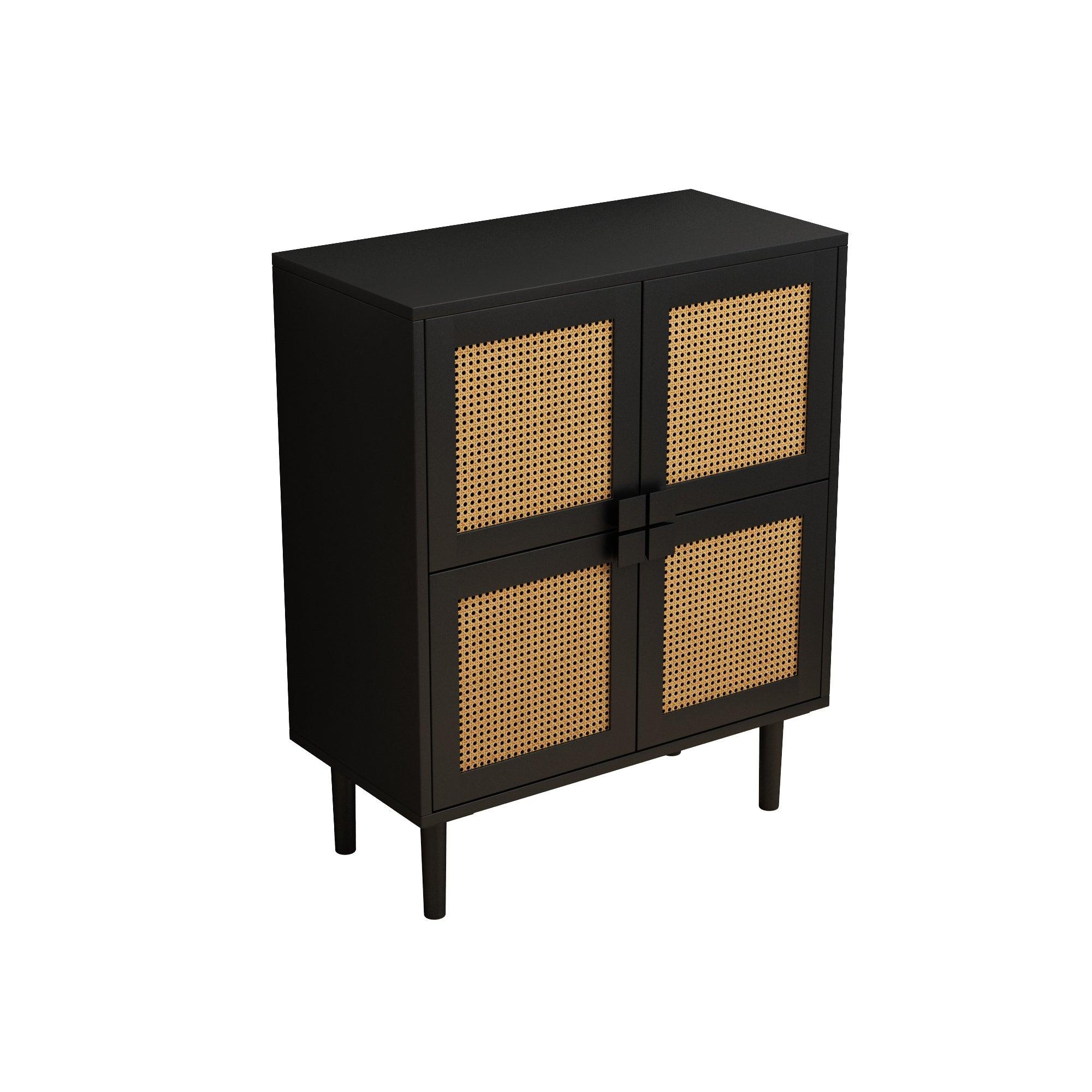 4-Doors Rattan Mesh Storage Cabinet, Shoe Cabinet with Eight Storage Spaces, for Entryway, Living Room, Hallway (Black) LamCham