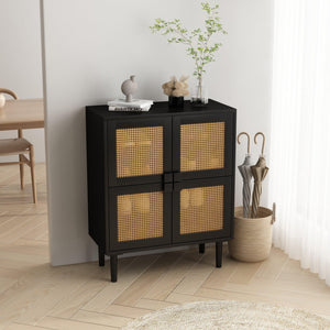 4-Doors Rattan Mesh Storage Cabinet, Shoe Cabinet with Eight Storage Spaces, for Entryway, Living Room, Hallway (Black) LamCham