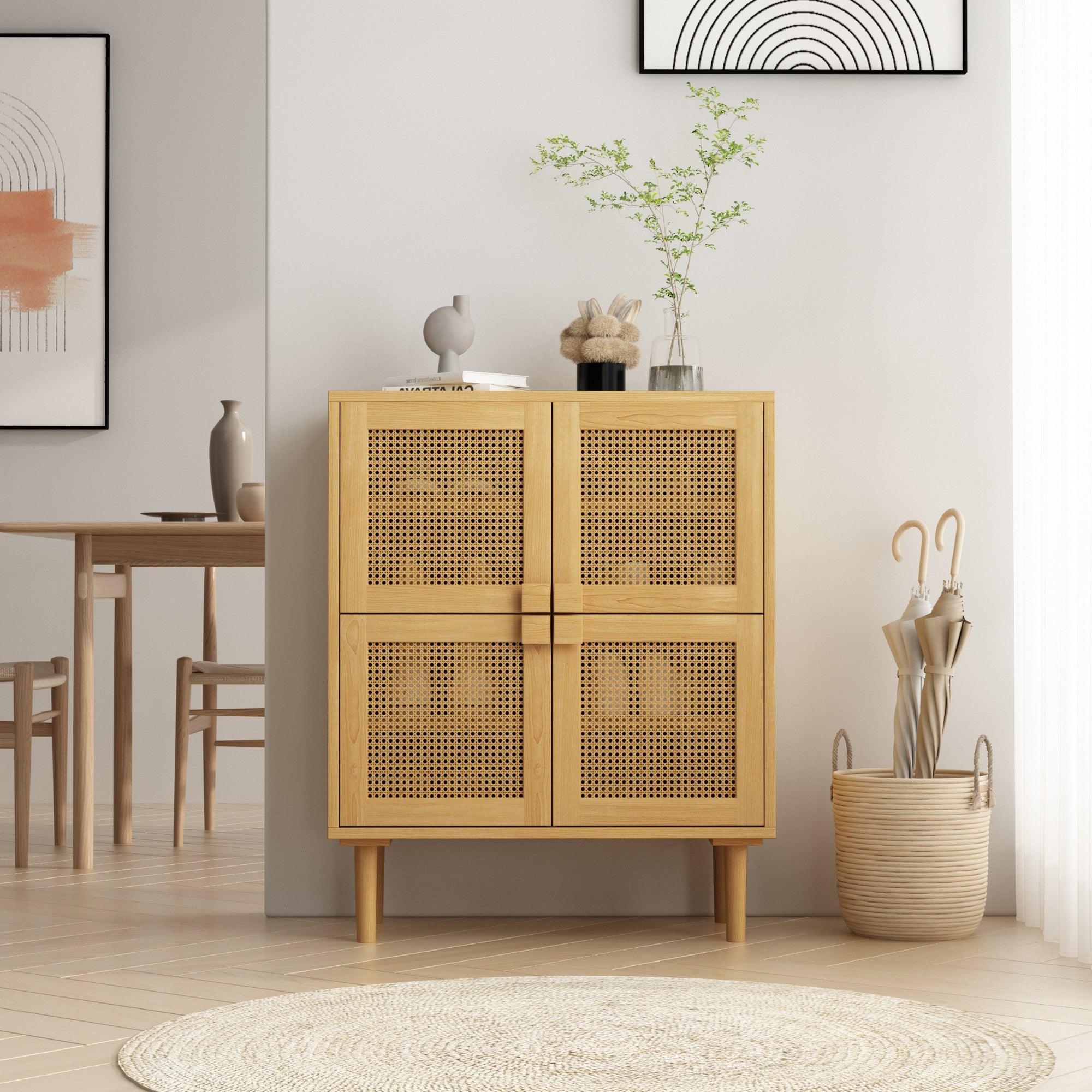 4-Doors Rattan Mesh Storage Cabinet, Shoe Cabinet with Eight Storage Spaces, for Entryway, Living Room, Hallway (Natural) LamCham