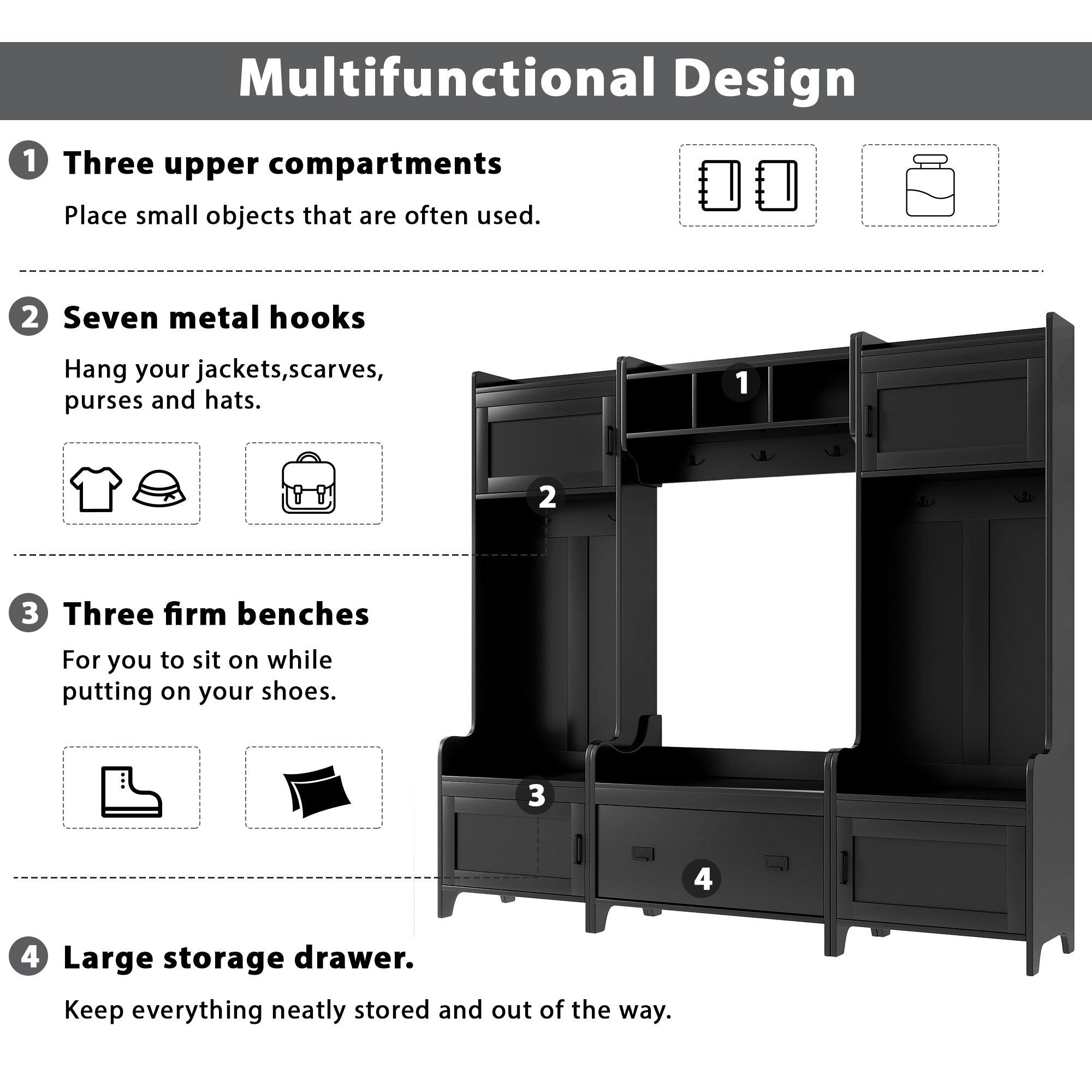 4-In-1 Multiple Functions Hallway Coat Rack With Seven Metal Black Hooks, Entryway Bench Hall Tree With Ample Storage Drawer, Black LamCham