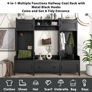 4-In-1 Multiple Functions Hallway Coat Rack With Seven Metal Black Hooks, Entryway Bench Hall Tree With Ample Storage Drawer, Black LamCham