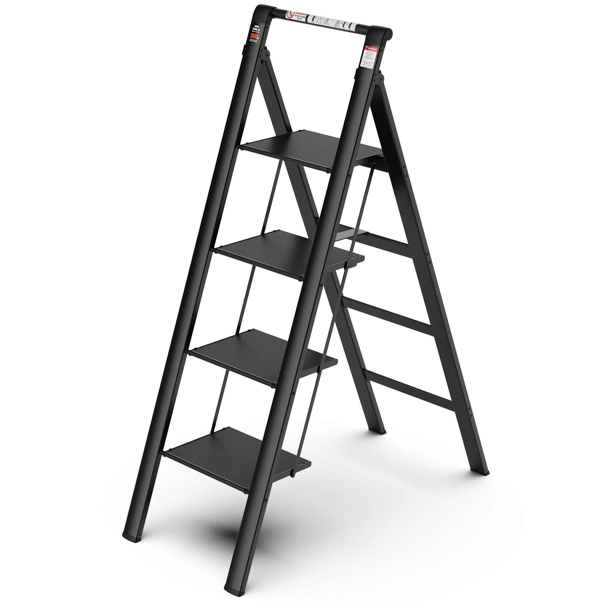 4 Step Ladder, Retractable Handgrip Folding Step Stool With Anti-Slip Wide Pedal, Aluminum Step Ladders 4 Steps, 300Lbs Safety Household Ladder LamCham