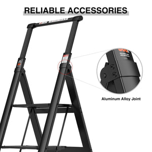 4 Step Ladder, Retractable Handgrip Folding Step Stool With Anti-Slip Wide Pedal, Aluminum Step Ladders 4 Steps, 300Lbs Safety Household Ladder LamCham