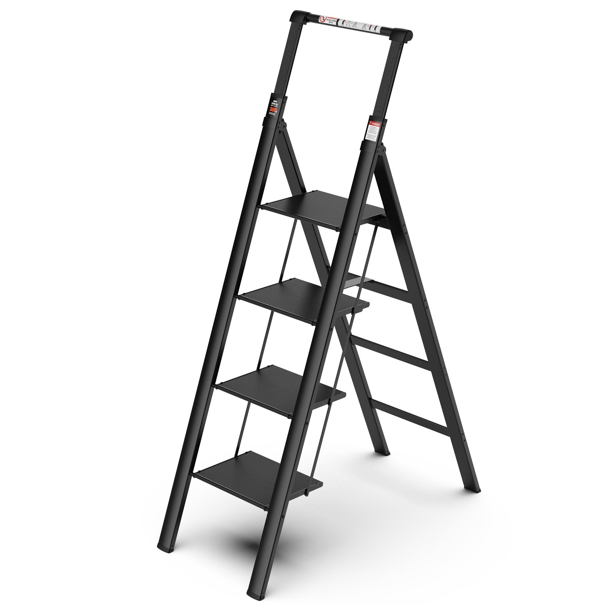 4 Step Ladder, Retractable Handgrip Folding Step Stool With Anti-Slip Wide Pedal, Aluminum Step Ladders 4 Steps, 300Lbs Safety Household Ladder LamCham