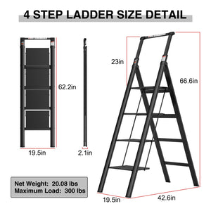 4 Step Ladder, Retractable Handgrip Folding Step Stool With Anti-Slip Wide Pedal, Aluminum Step Ladders 4 Steps, 300Lbs Safety Household Ladder LamCham