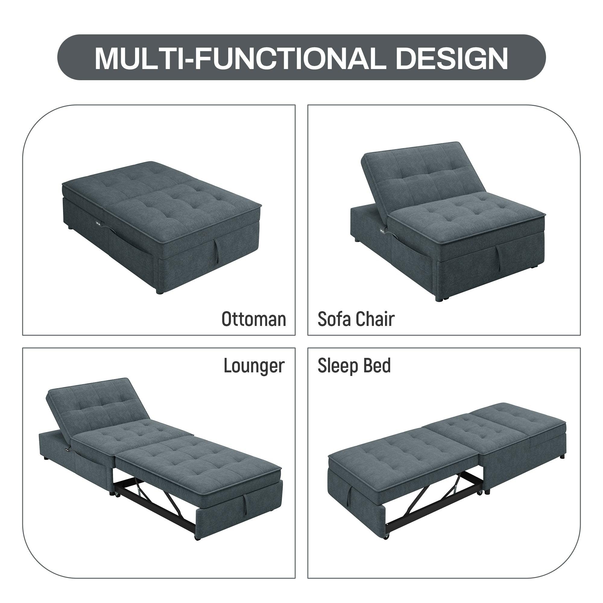 4-in-1 Sofa Bed, Chair Bed, Multi-Function Folding Ottoman Bed with Storage Pocket and USB Port, Deep Blue LamCham