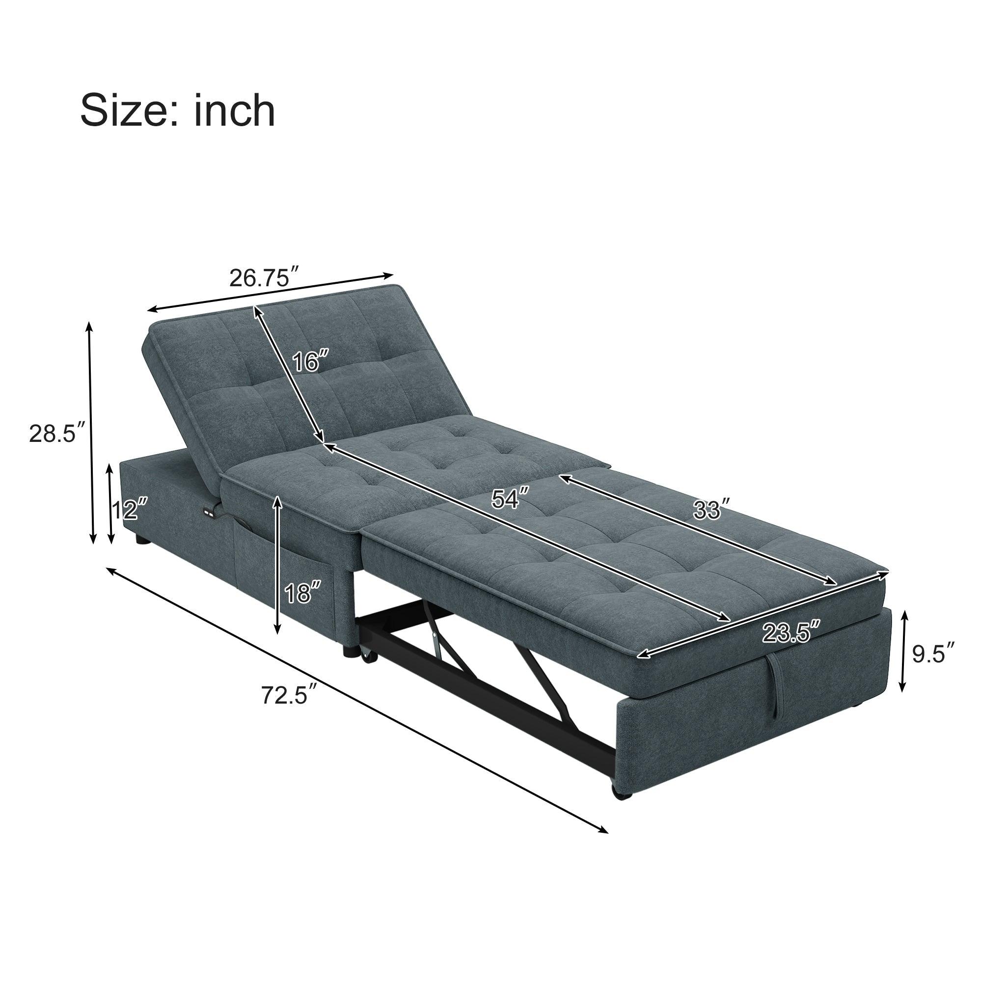 4-in-1 Sofa Bed, Chair Bed, Multi-Function Folding Ottoman Bed with Storage Pocket and USB Port, Deep Blue LamCham