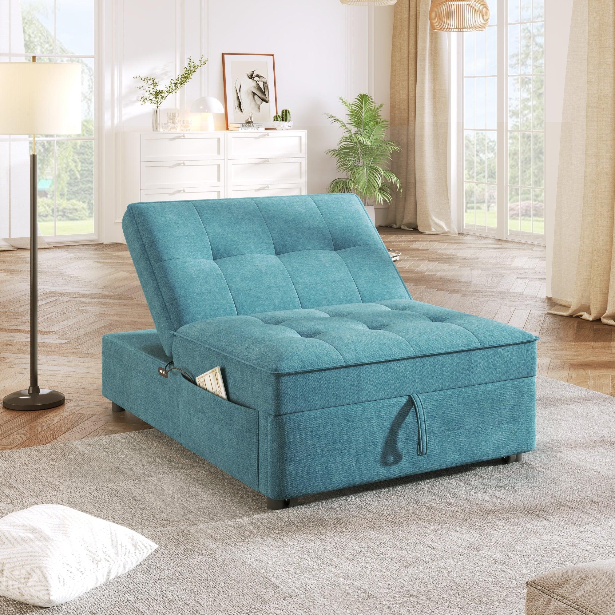 4-in-1 Sofa Bed, Chair Bed, Multi-Function Folding Ottoman Bed with Storage Pocket and USB Port, Teal LamCham