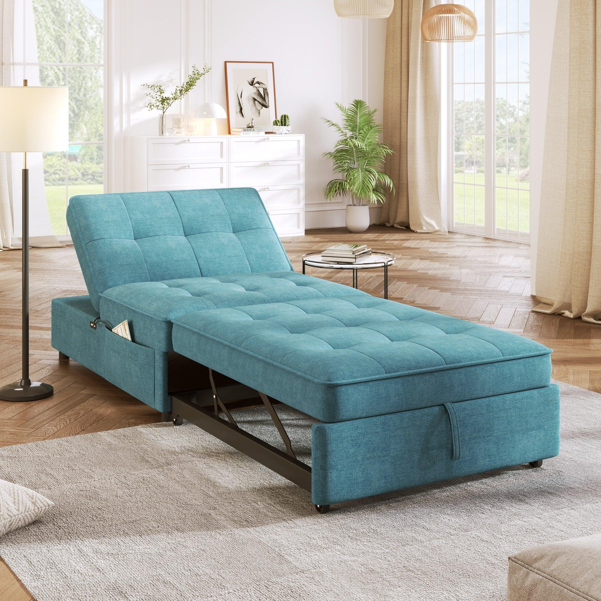 4-in-1 Sofa Bed, Chair Bed, Multi-Function Folding Ottoman Bed with Storage Pocket and USB Port, Teal LamCham