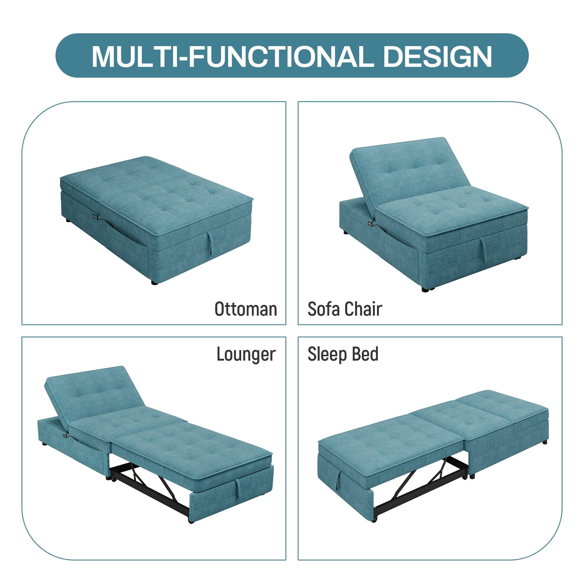 4-in-1 Sofa Bed, Chair Bed, Multi-Function Folding Ottoman Bed with Storage Pocket and USB Port, Teal LamCham