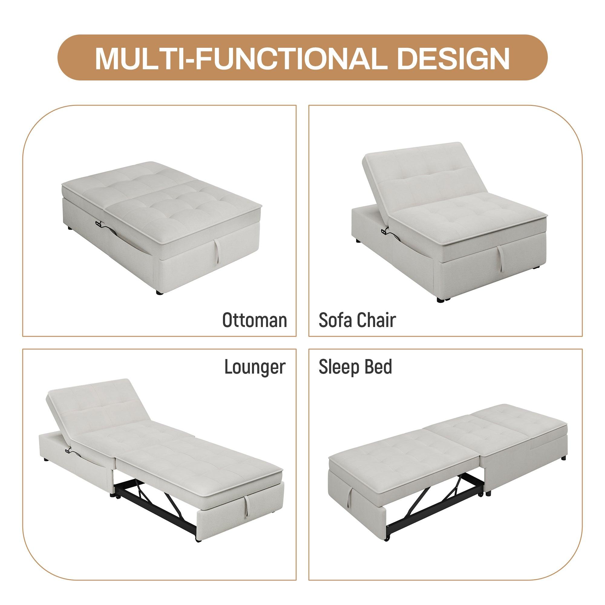 4-in-1 Sofa Bed, Chair Bed, Multi-Function Folding Ottoman Bed with Storage Pocket and USB Port for Small Room Apartment, Living Room, Bedroom, Hallway, Beige LamCham