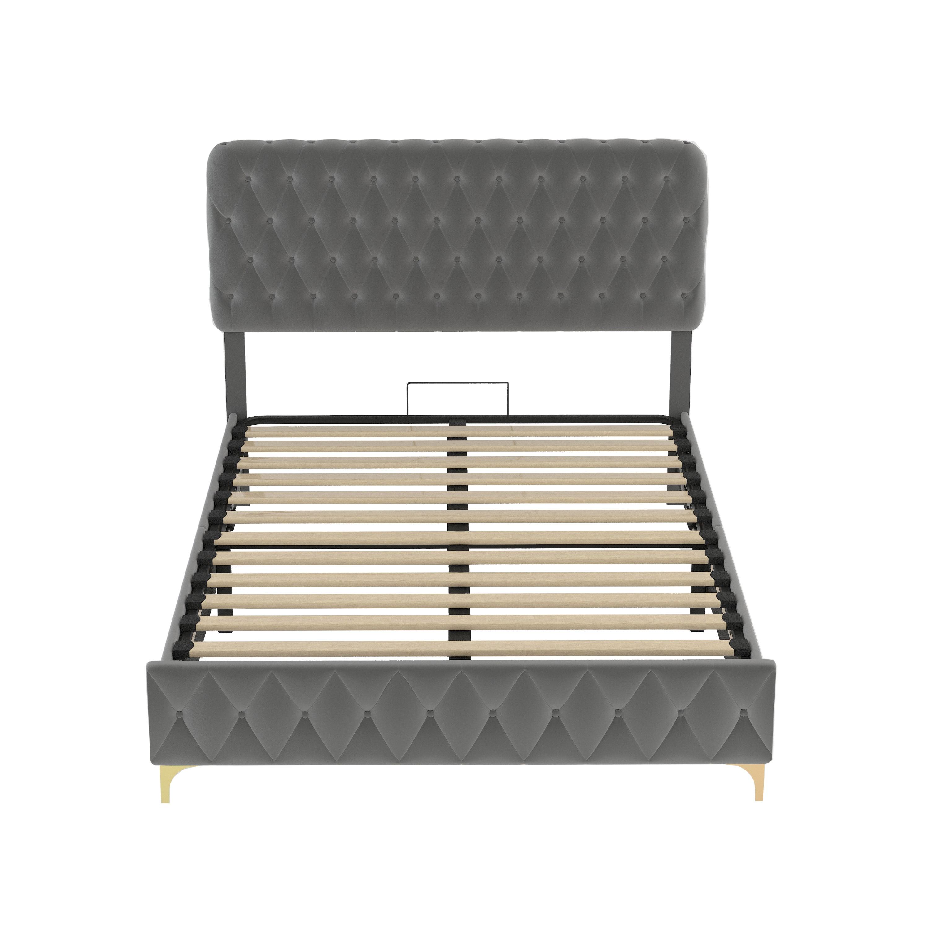 Full Platform Bed Frame With pneumatic hydraulic function, Velvet Upholstered Bed with Deep Tufted Buttons, Lift up storage bed With Hidden Underbed Oversized Storage,  Gray