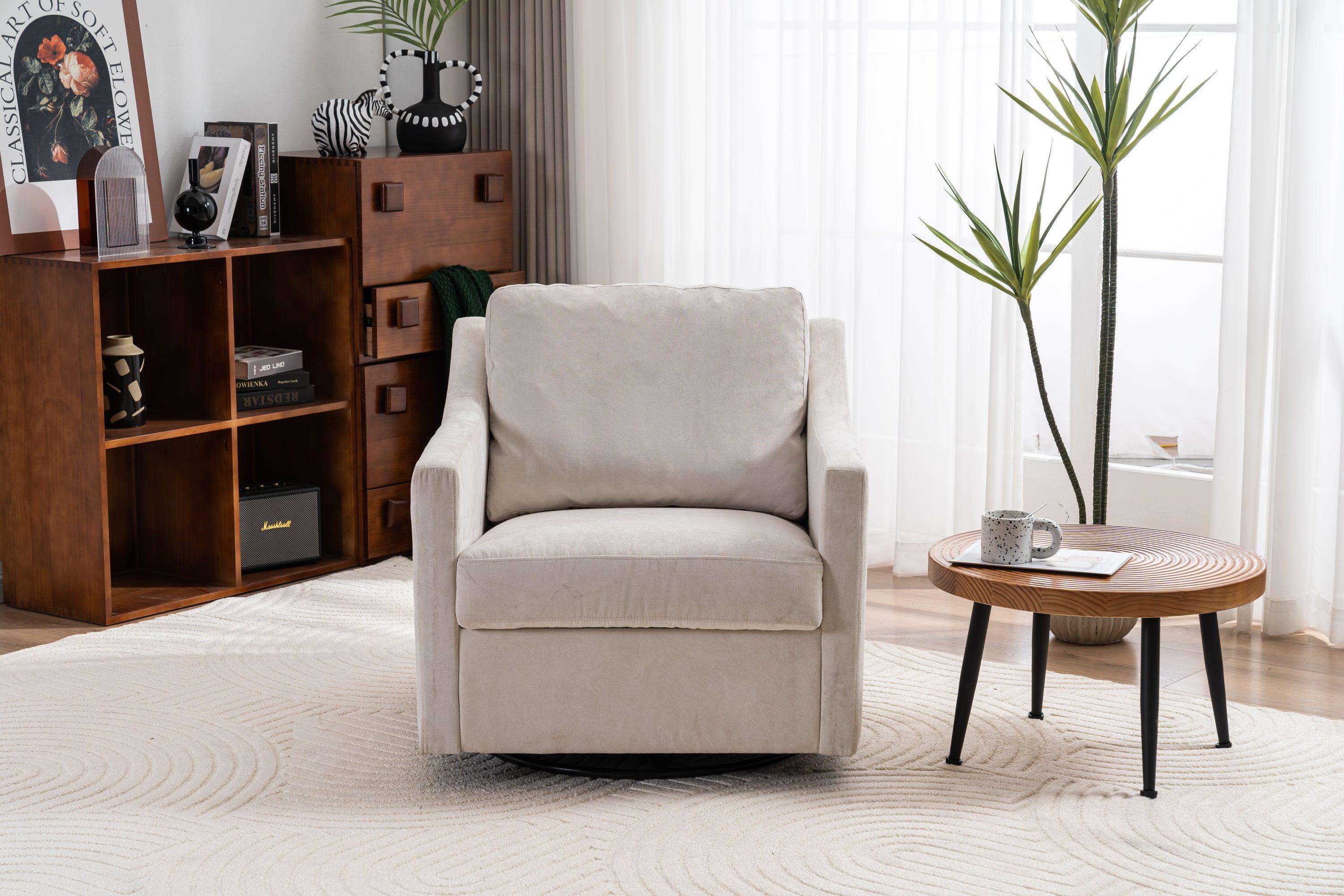 🆓🚛 Large Upholstered Swivel Armchair, Modern, Skin-Friendly, Gradient Color Linen Fabric, Beige