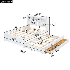 Full Size platform bed with trundle, drawers and USB plugs, White