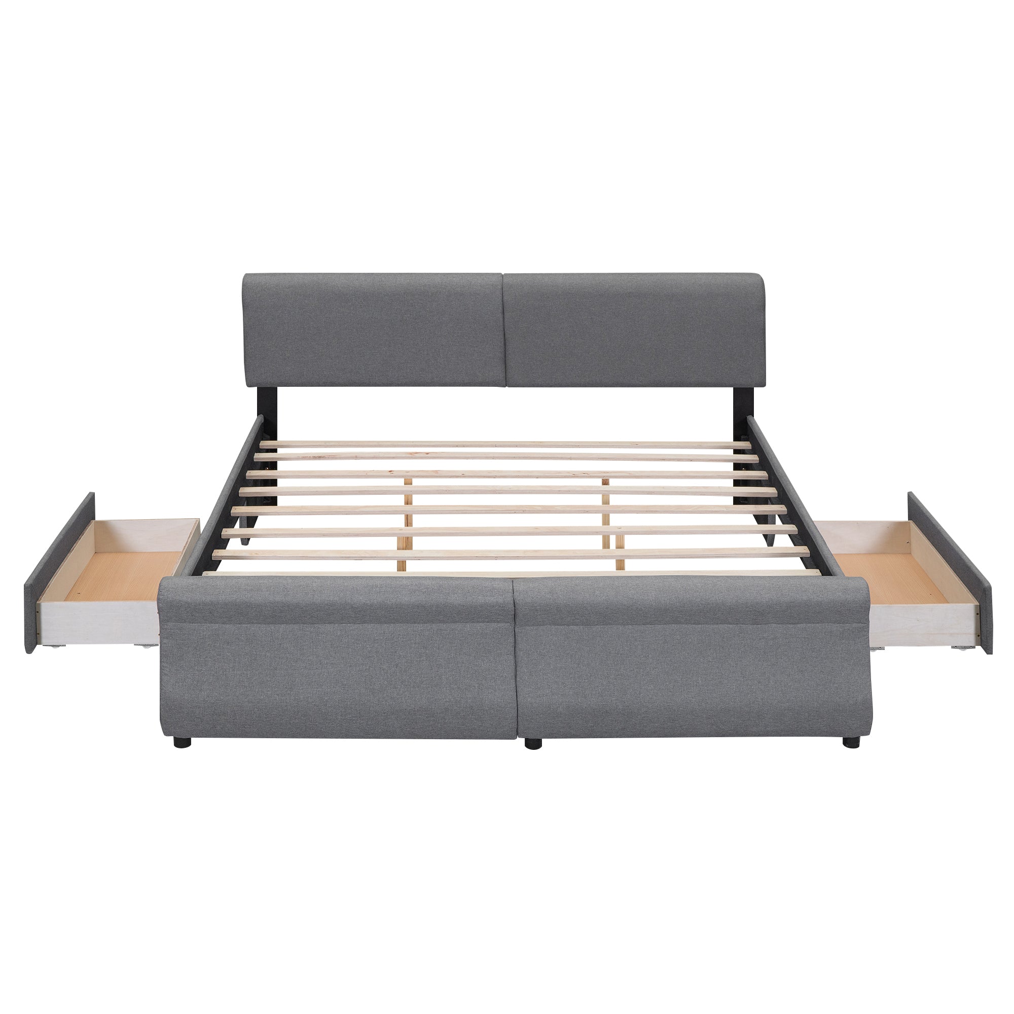 🆓🚛 King Size Upholstery Platform Bed With Two Drawers, Gray