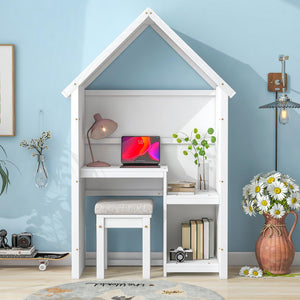 House-Shaped Desk With A Cushion Stool, White