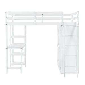 Full Size Loft Bed with Wardrobe and Desk and Shelves, White