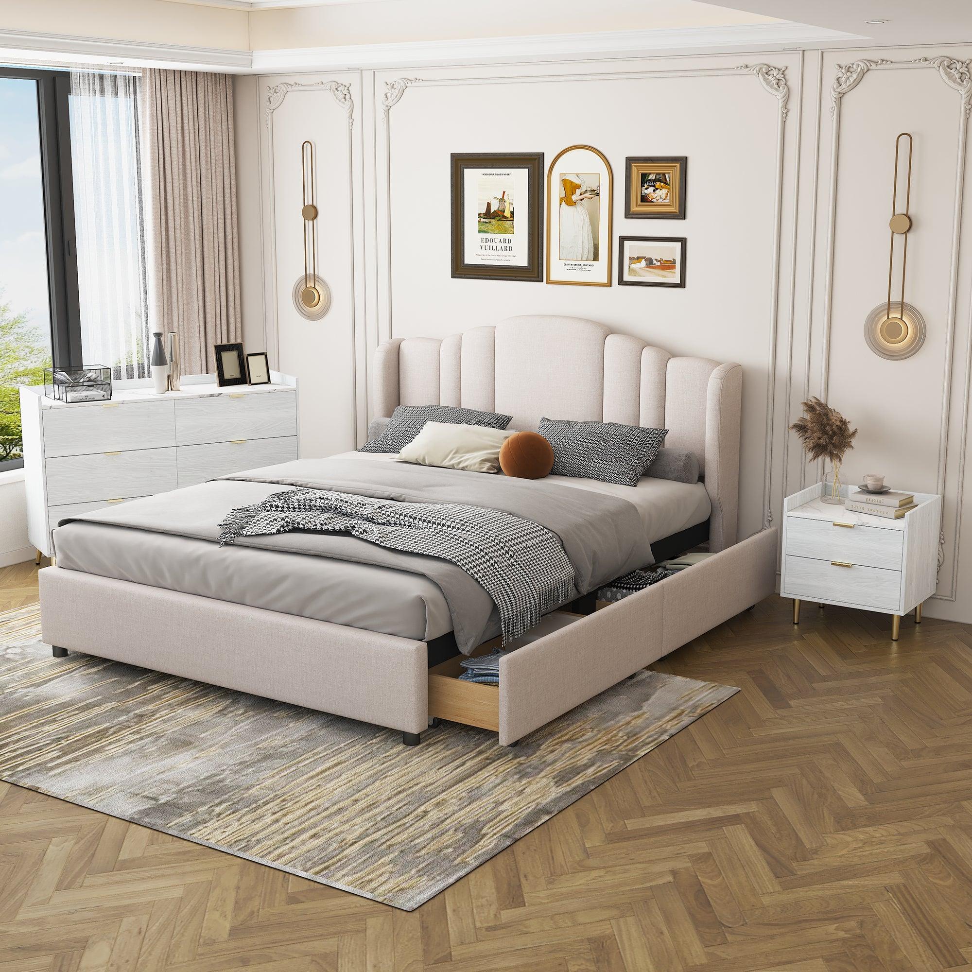 🆓🚛 3-Pieces Bedroom Sets Queen Size Upholstered Platform Bed With 4 Drawers, Marble Top Nightstand & Storage Dresser, Beige
