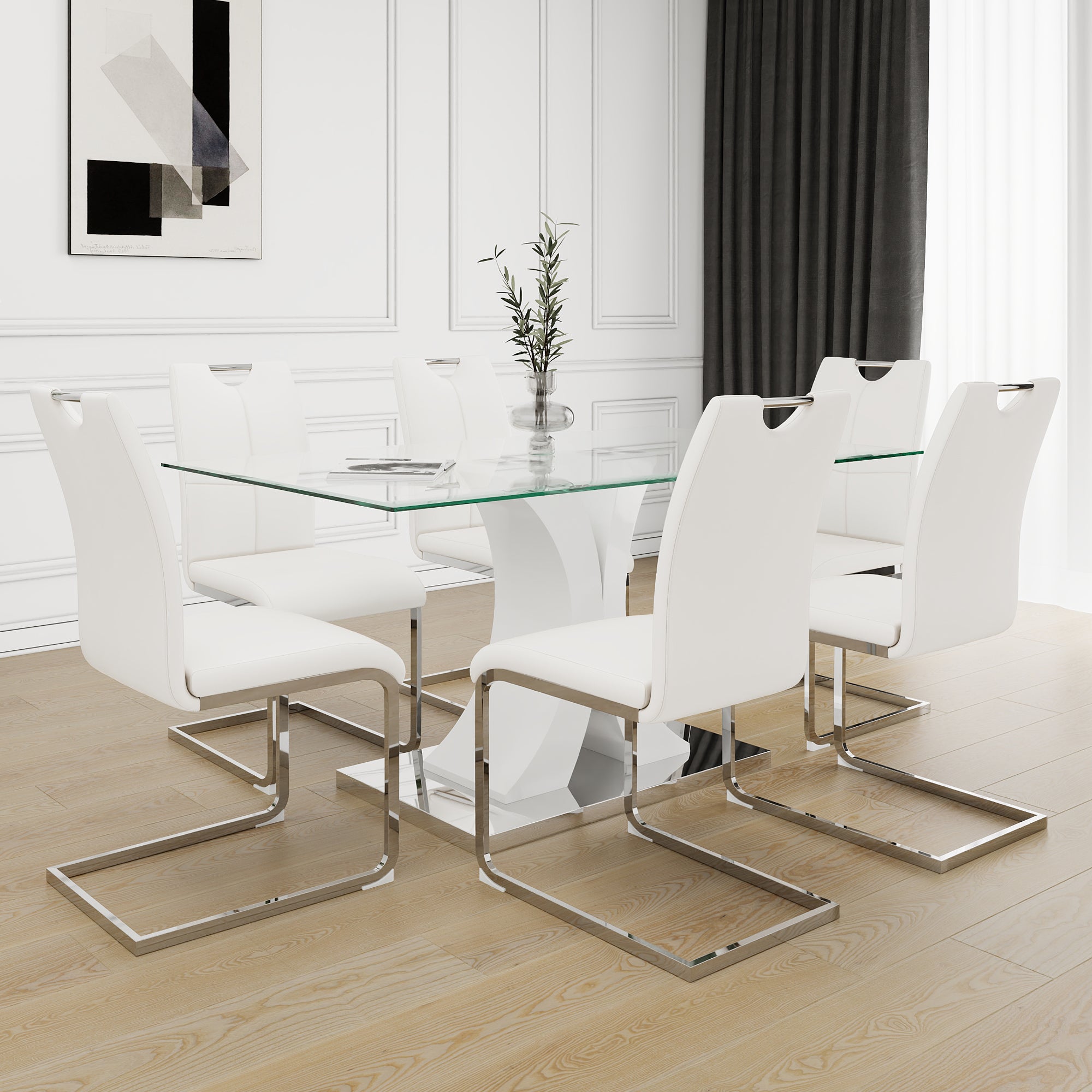 🆓🚛 Modern Table and Chair Set, Modern Style Glass Table, Elegant Transparent Design, Durable Support Base, 6 White Dining Chairs, Electroplated Chair Legs