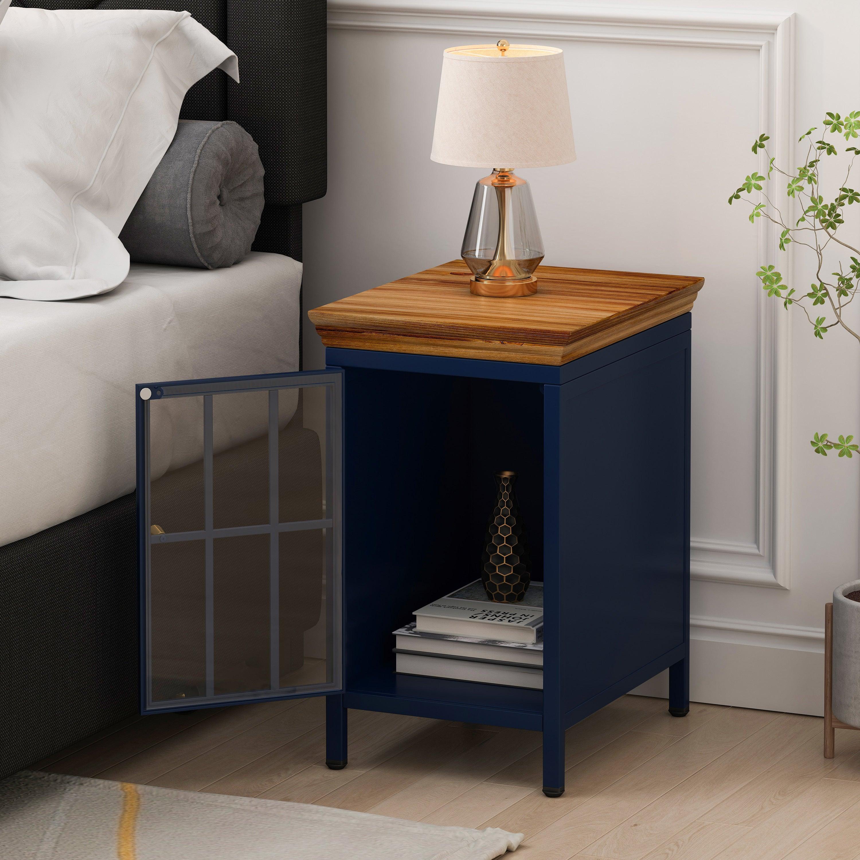 🆓🚛 Nightstand With Storage Cabinet & Solid Wood Tabletop, Bedside Table, Sofa Side Coffee Table for Bedroom, Living Room, Dark Blue