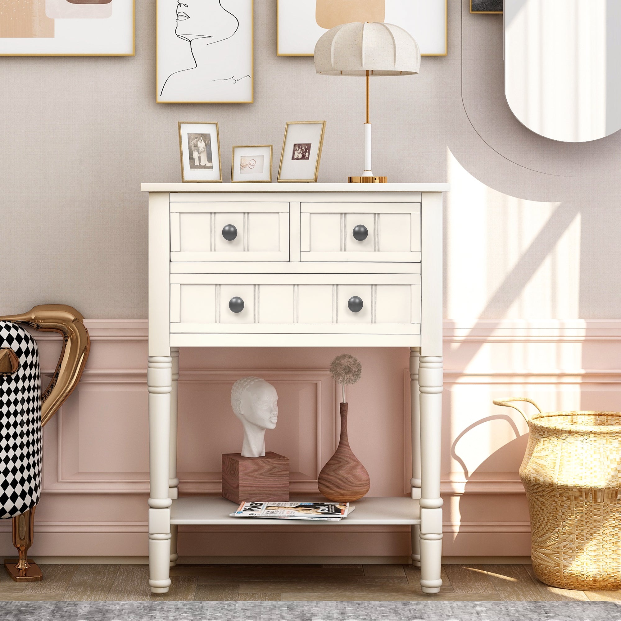 🆓🚛 Narrow Console Table, Slim Sofa Table With Three Storage Drawers and Bottom Shelf, Ivory White