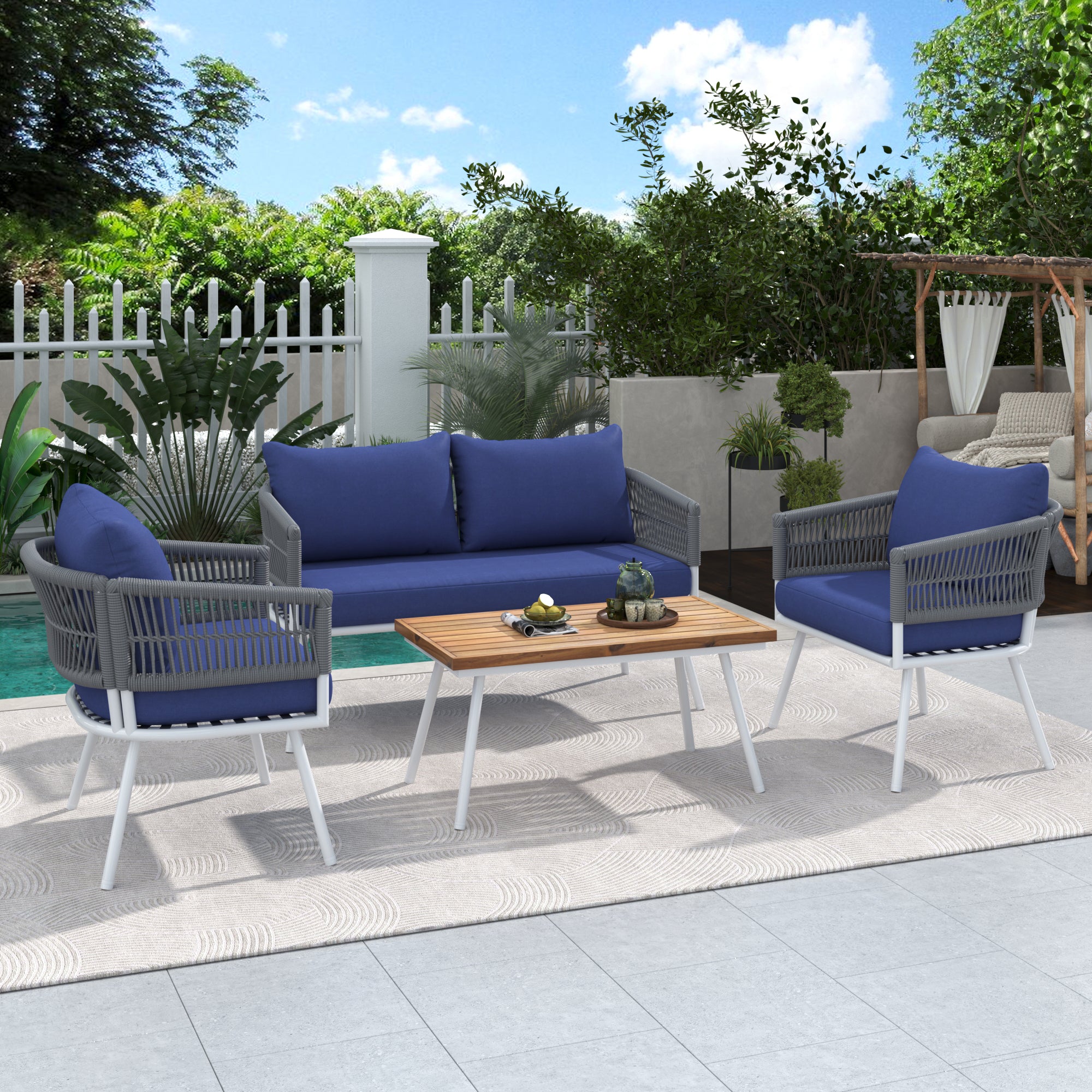 🆓🚛 4-Piece Patio Conversation Set, Outdoor Furniture with Acacia Wood Table, Patio Conversation Set with Deep Seating & Thick Cushion for Backyard Porch Balcony, Navy Blue