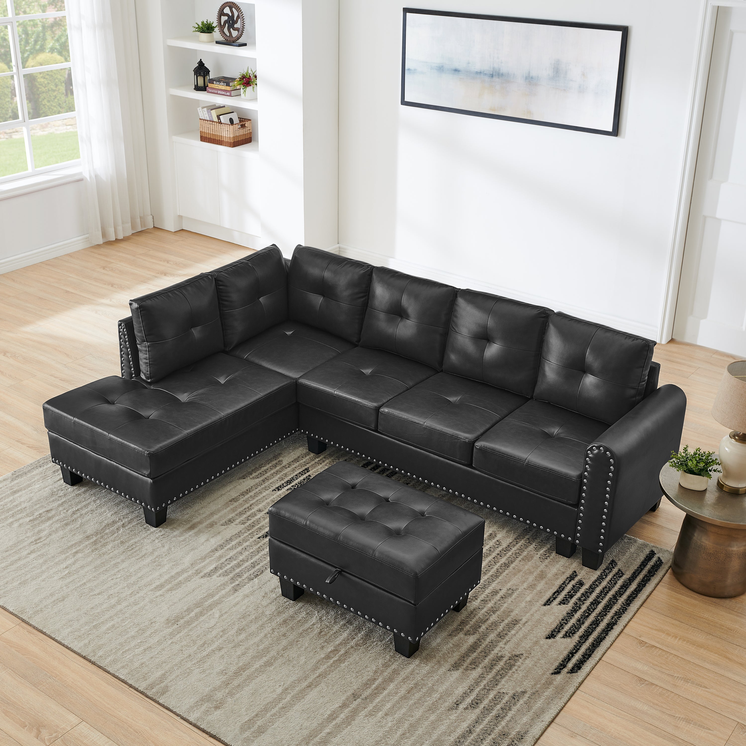 4-5 Seaters L-Shape Sofa, With Storage Ottoman, Pu, Black