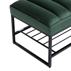 Green Velvet Channel Tufted Ottoman Bench Accent Upholstered Bendroom End of Bed Bench with Storage Shelf (Green)