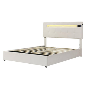 Full Size Upholstered Modern Platform Bed with LED Light and Integrated Bluetooth Audio System with Hydraulic Storage System & USB Port, Beige