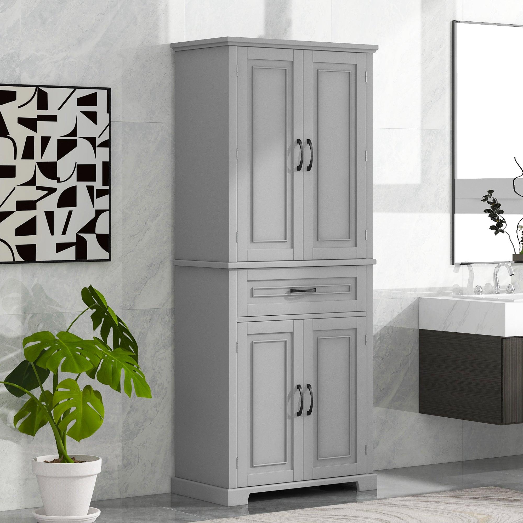 🆓🚛 Bathroom Storage Cabinet With Doors & Drawer, Multiple Storage Space, Adjustable Shelf, Gray