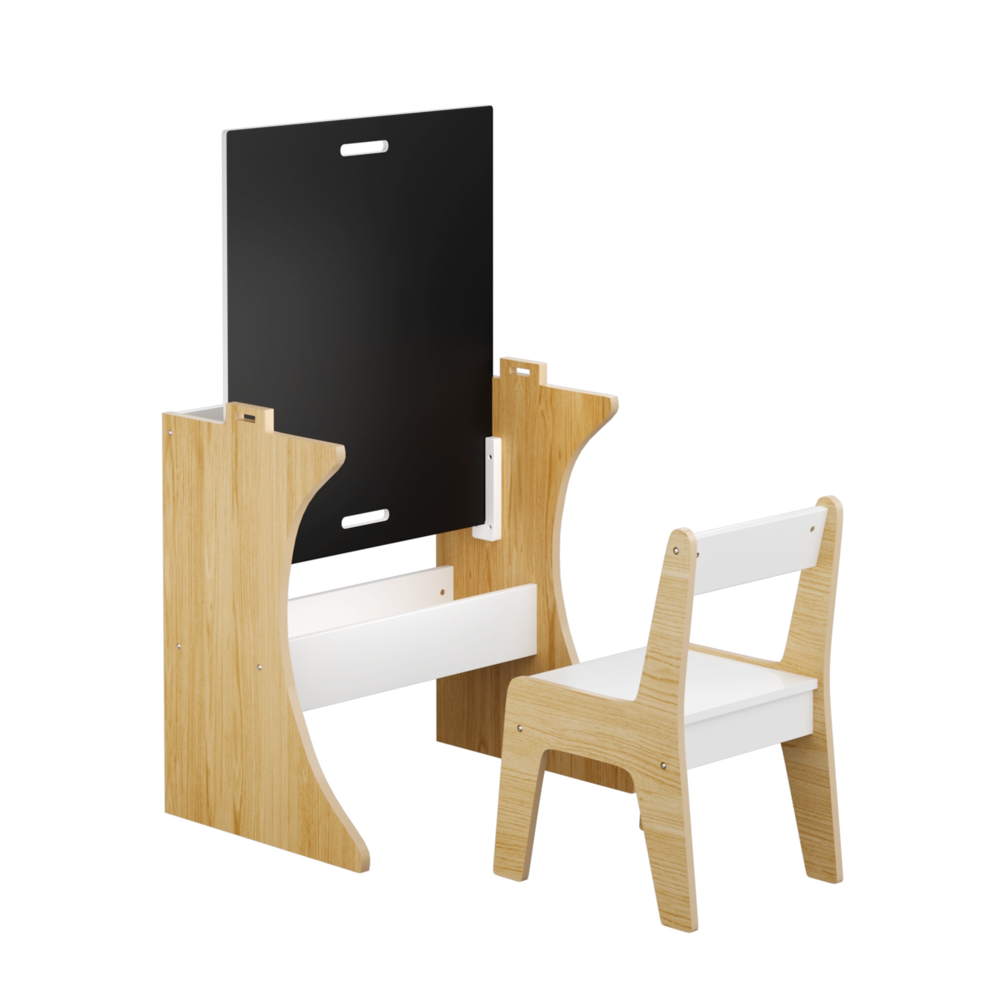 Kids Table Set with One Chair, Multifunctional Wooden Study Table-Convertible Top for Study Drawing & Play, White+Natural