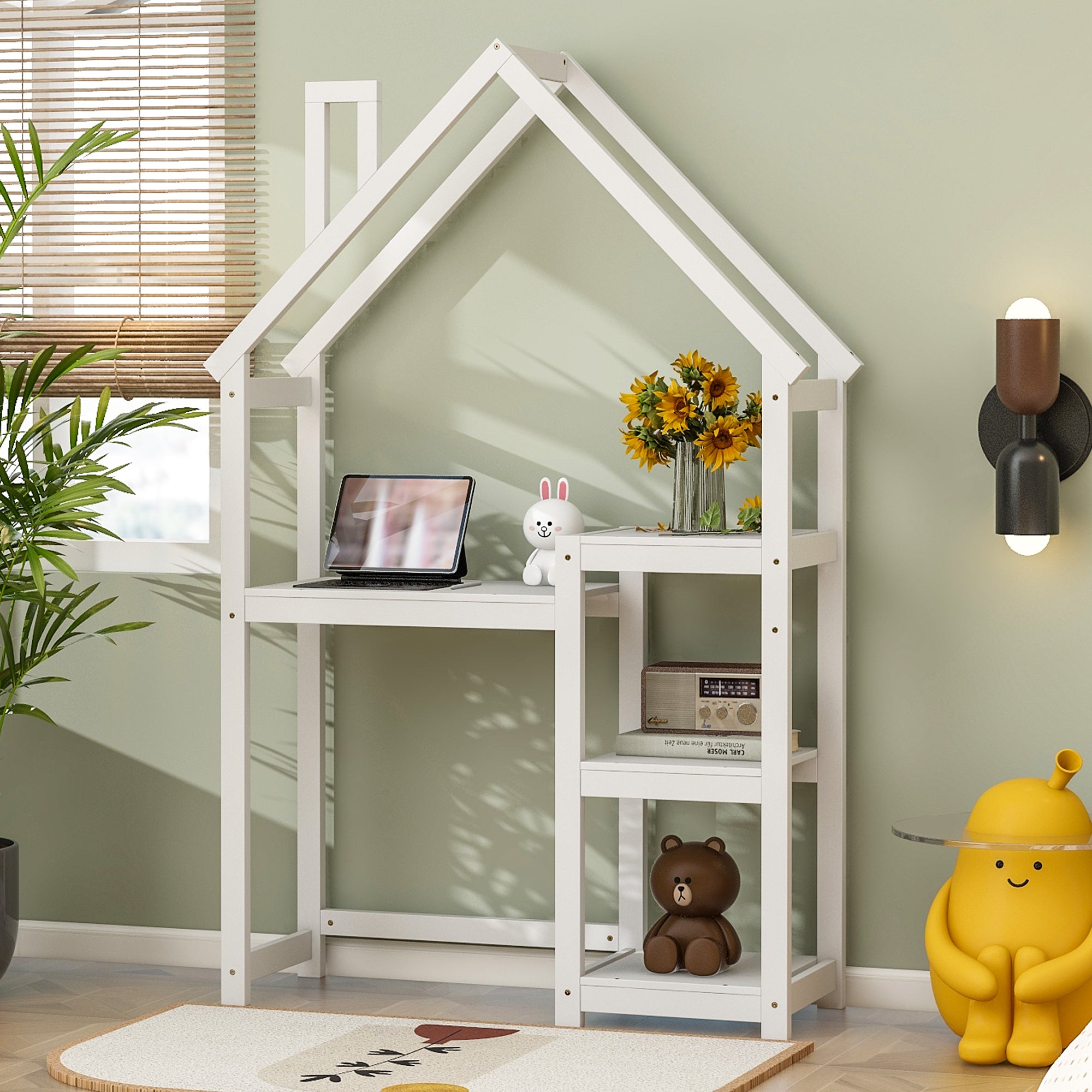 House-shaped Wooden writing Desk, Kids study Table, Bookshelf & Toy Storage, White