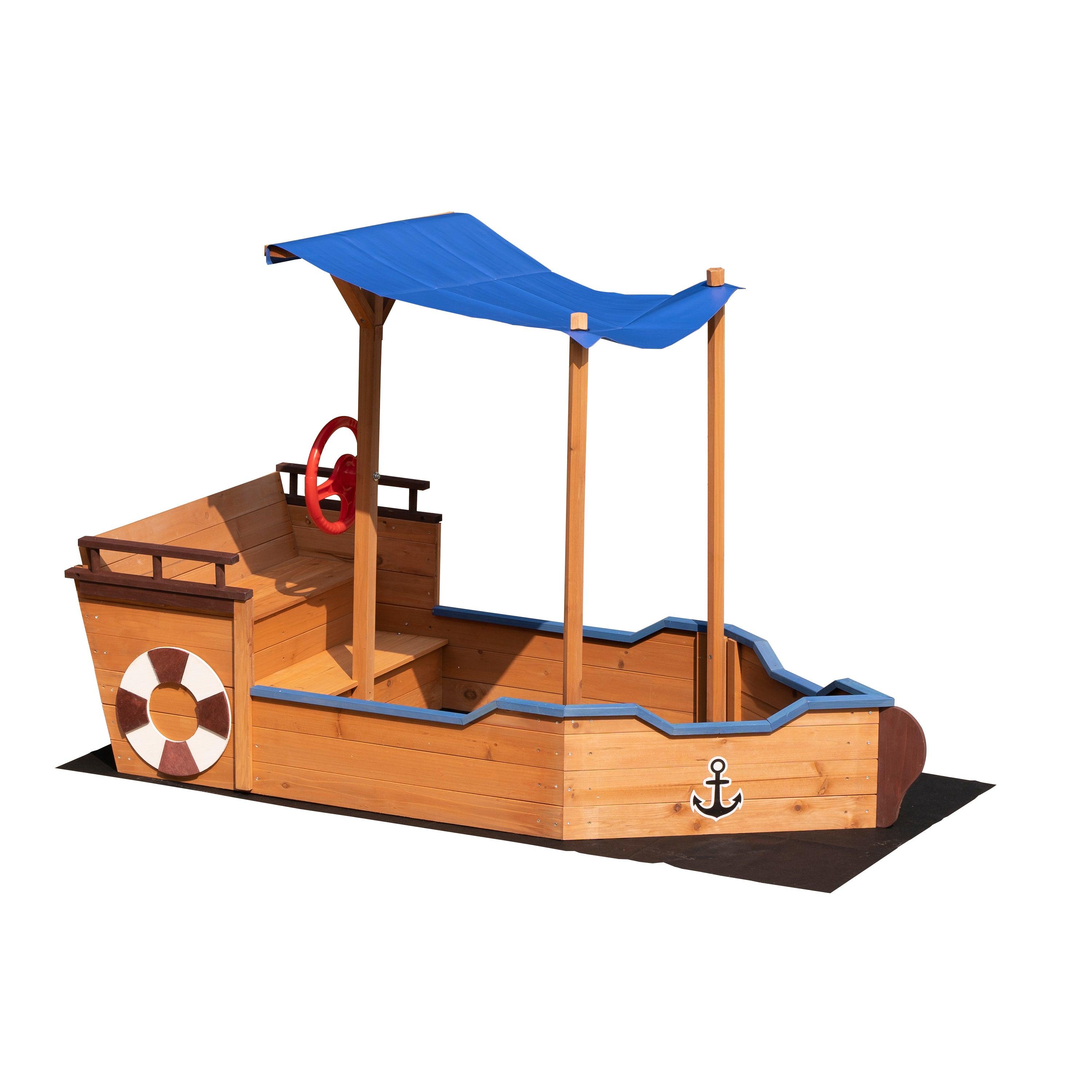 🆓🚛 Outsunny Pirate Ship Sandbox With Cover & Rudder, Wooden Sandbox With Storage Bench & Seat, Outdoor Toy for Kids Ages 3-8 Years Old