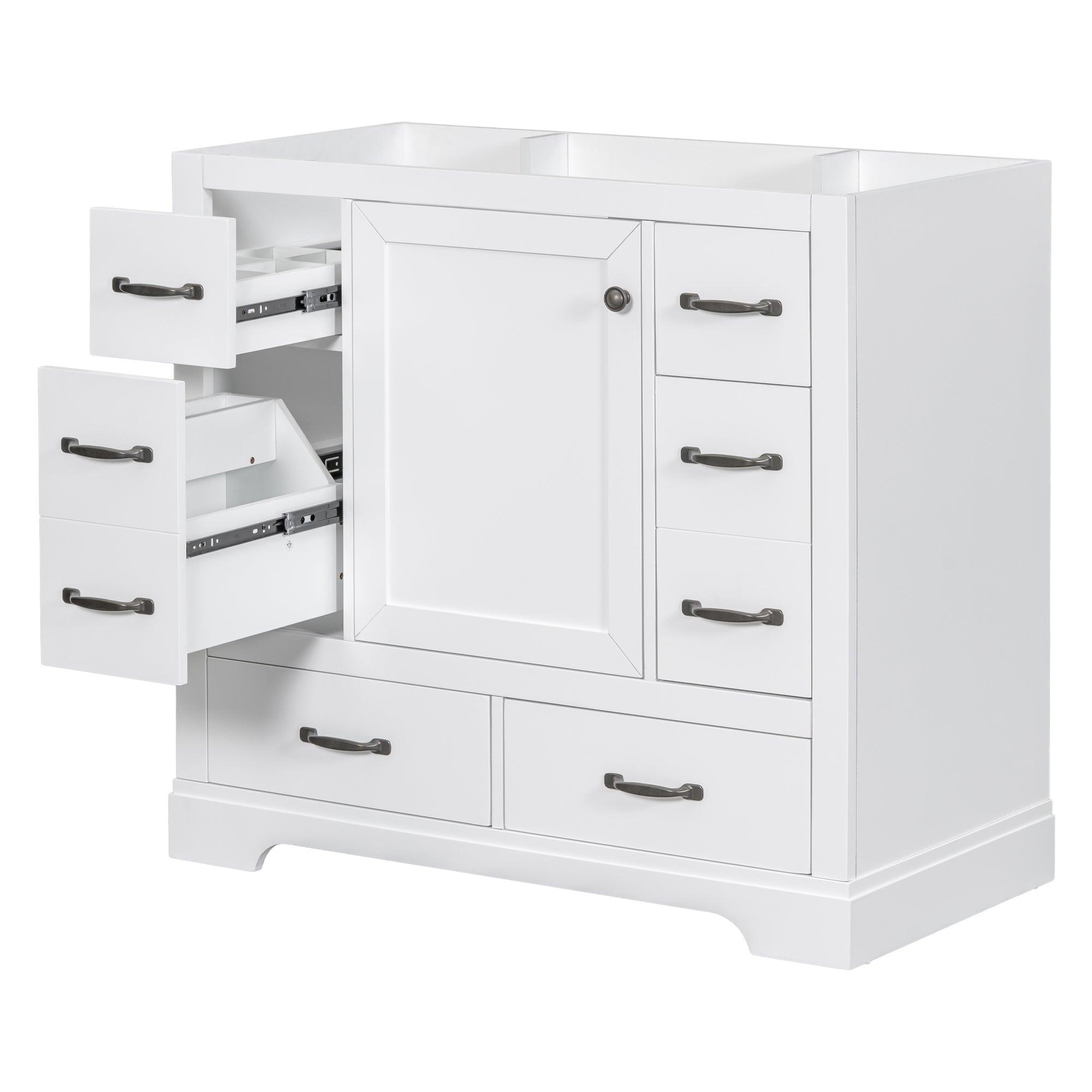 🆓🚛 36" Bathroom Vanity Without Sink, Cabinet Base Only, Six Drawers, Multi-Functional Drawer Divider, Adjustable Shelf, White