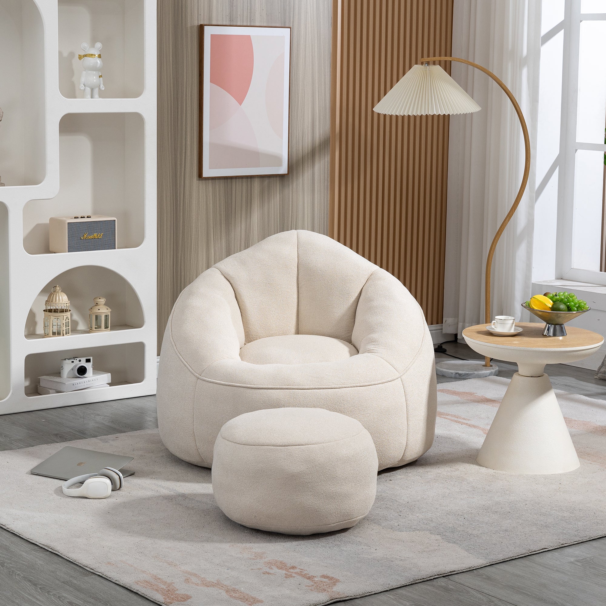 🆓🚛 Bean Bag Sofa Chair, High Pressure Foam Bean Bag Chair With Footrest, Beige
