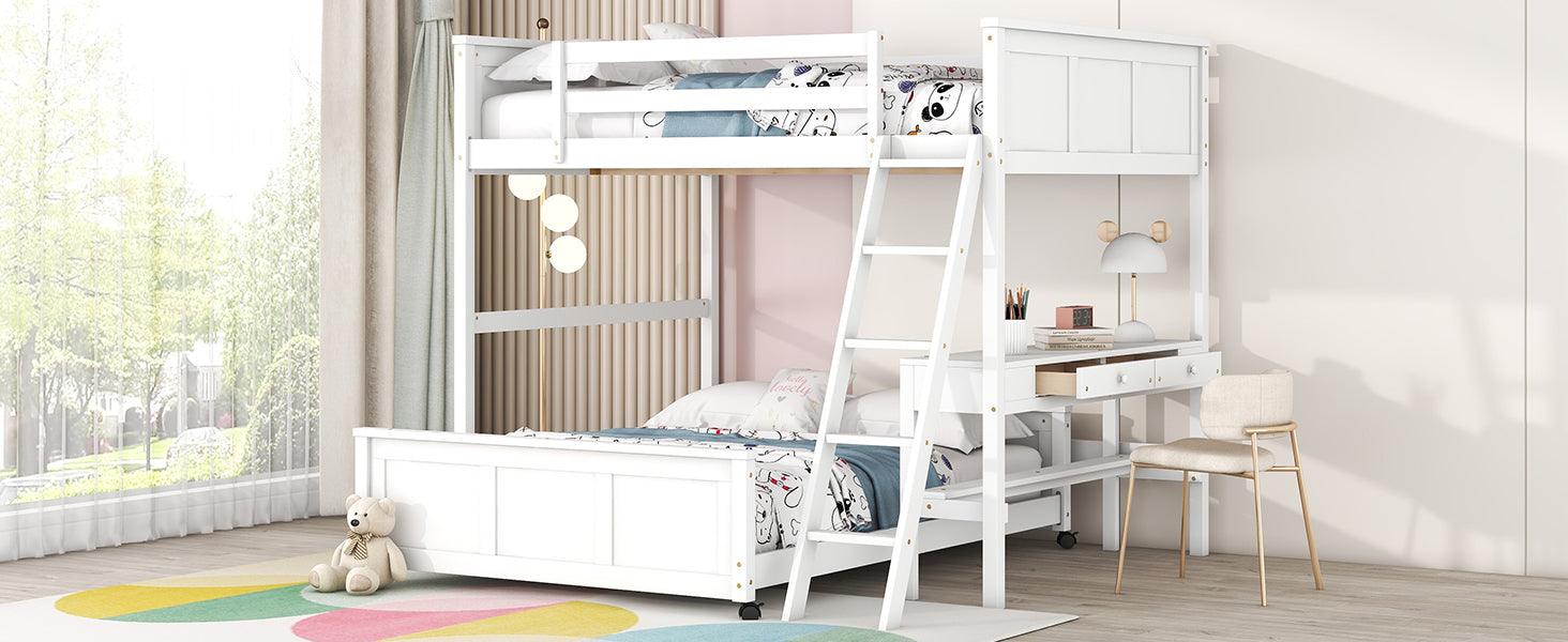 Full Over Full Bunk Bed with Desk, White